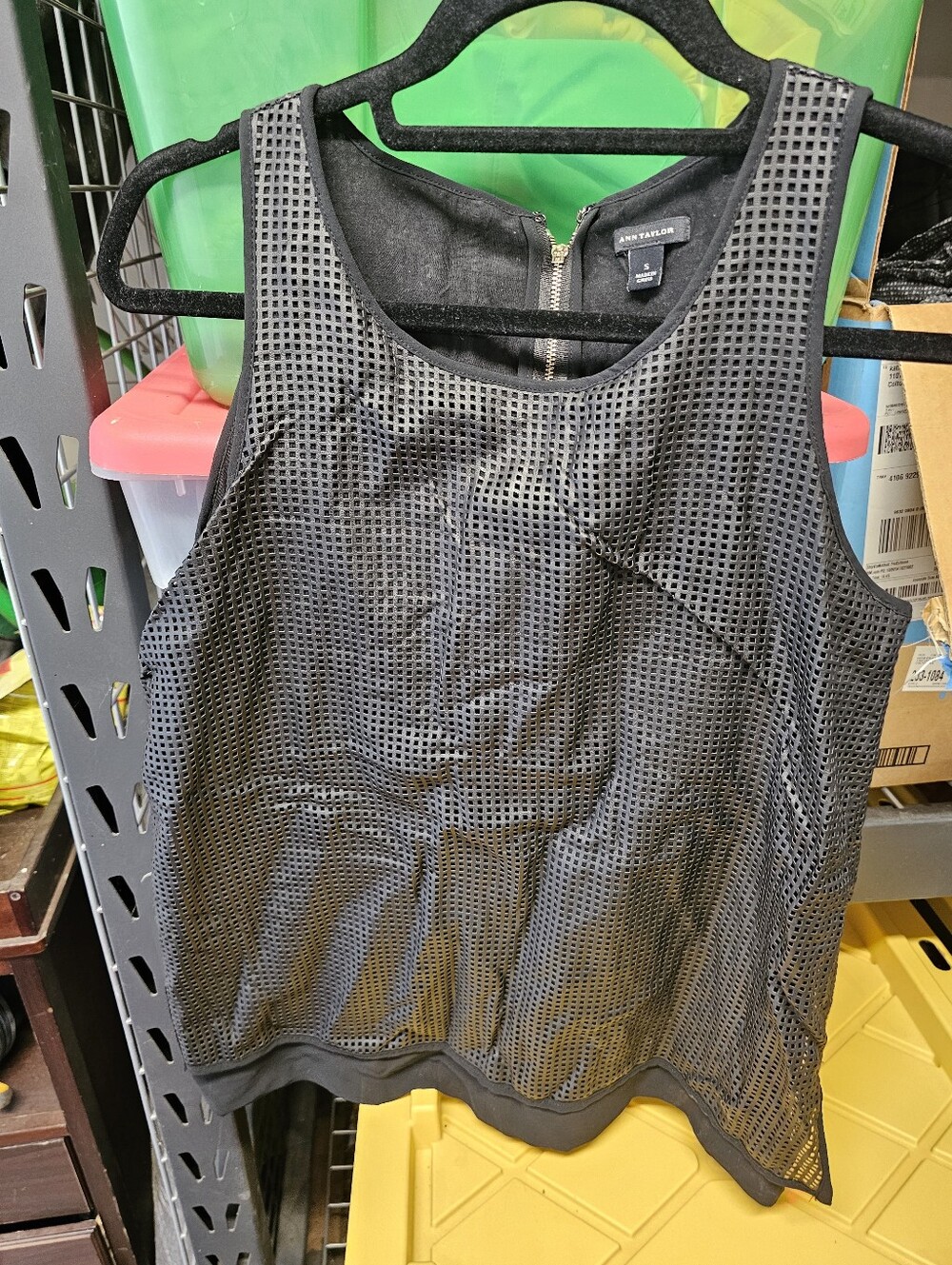 Ann Taylor Black faux leather Perforated Overlay Tank size small